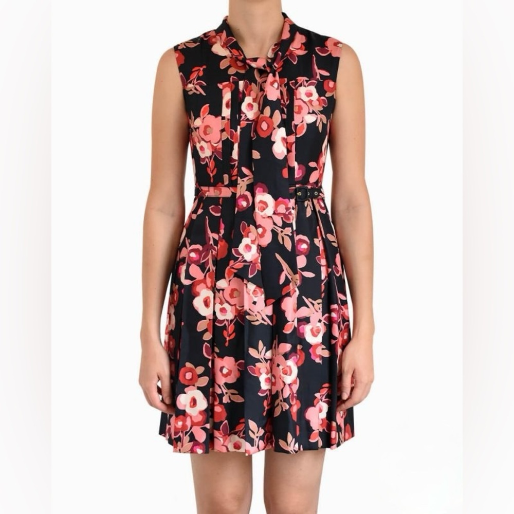 Kate Spade New York Shadow Bud Black and Pink Silk Print Pleated Floral Dress - Picture 4 of 16
